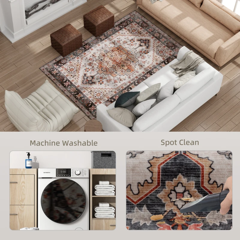 HOMCOM Area Rug 4x6, Machine Washable Rug, Non-Slip Boho Print Pattern Medallion Carpet for Living Room, Bedroom, Tawny Brown