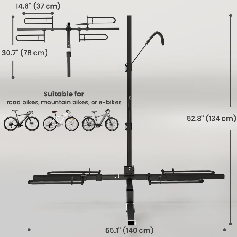HOMCOM Hitch Bike Rack for Car, 200 lbs 2 Bike Rack with Platform Style, Safety Strap for 2" Receiver, Black