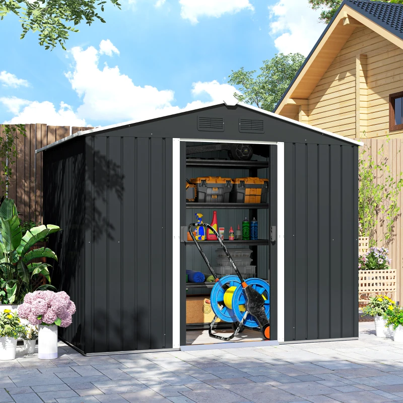 Outsunny 8' x 6' Outdoor Storage Shed, Metal Garden Tool Storage House with Lockable Sliding Doors and Vents for Backyard Patio Lawn, Charcoal Grey