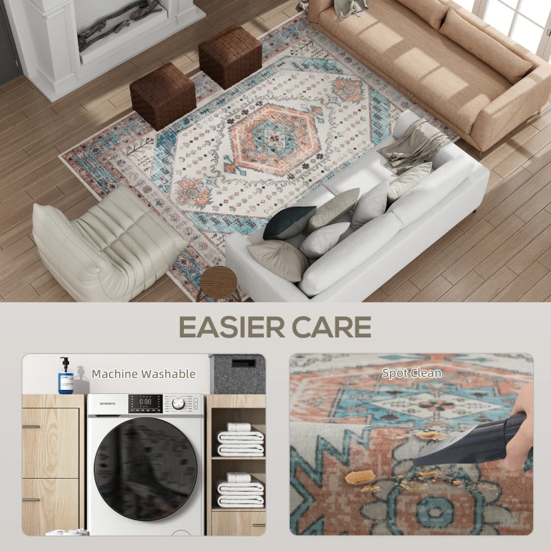HOMCOM 5x7 Area Rug, Vintage Machine Washable Rug, Non-Slip Floor Carpet for Living Room, Bedroom, Dining Room, Brown and Blue