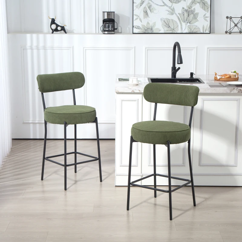 HOMCOM Set of 2 Barstools, Upholstered Corduroy Bar Stools with Backrest, Footrest for Kitchen Island, Dining Room, Green