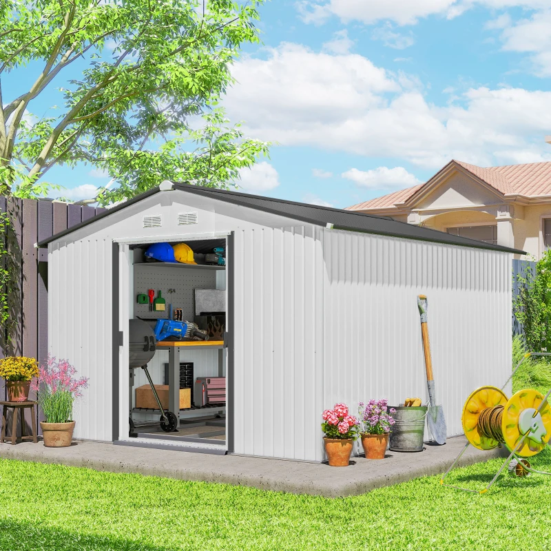 Outsunny 11' x 9' Metal Storage Shed Garden Tool House with Double Sliding Doors, 4 Air Vents for Backyard, Patio, Silver