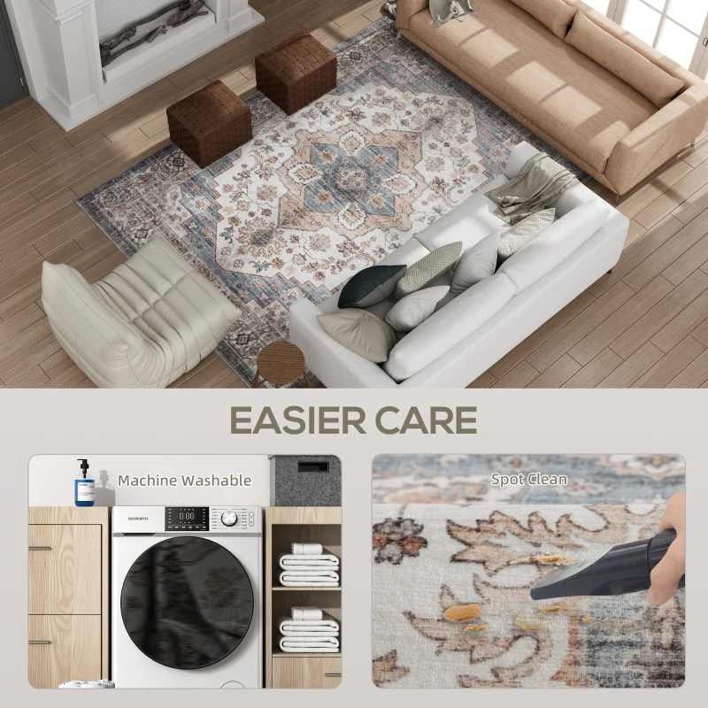 HOMCOM 5x7 Area Rug, Vintage Machine Washable Rug, Non-Slip Carpet for Living Room, Bedroom, Dining Room, Brown & Light Blue