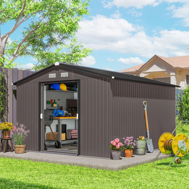 Outsunny 11' x 9' Metal Storage Shed Garden Tool House with Double Sliding Doors, 4 Air Vents for Backyard, Patio, Brown