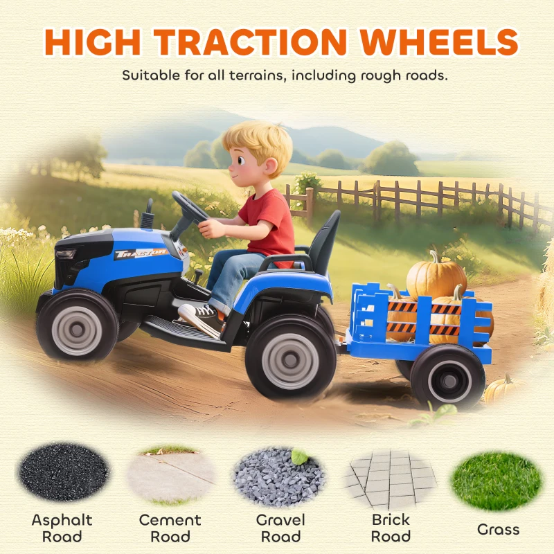 Qaba 12V Kids Ride On Tractor with Trailor, Remote Control, Music, Lights, Shifter, for Kids Ages 3-8 Years, Blue