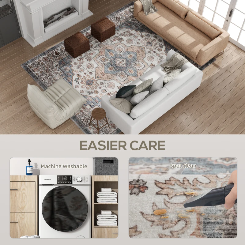 HOMCOM 8x10 Area Rug, Vintage Machine Washable Rug, Non-Slip Carpet for Living Room, Bedroom, Dining Room, Brown & Light Blue