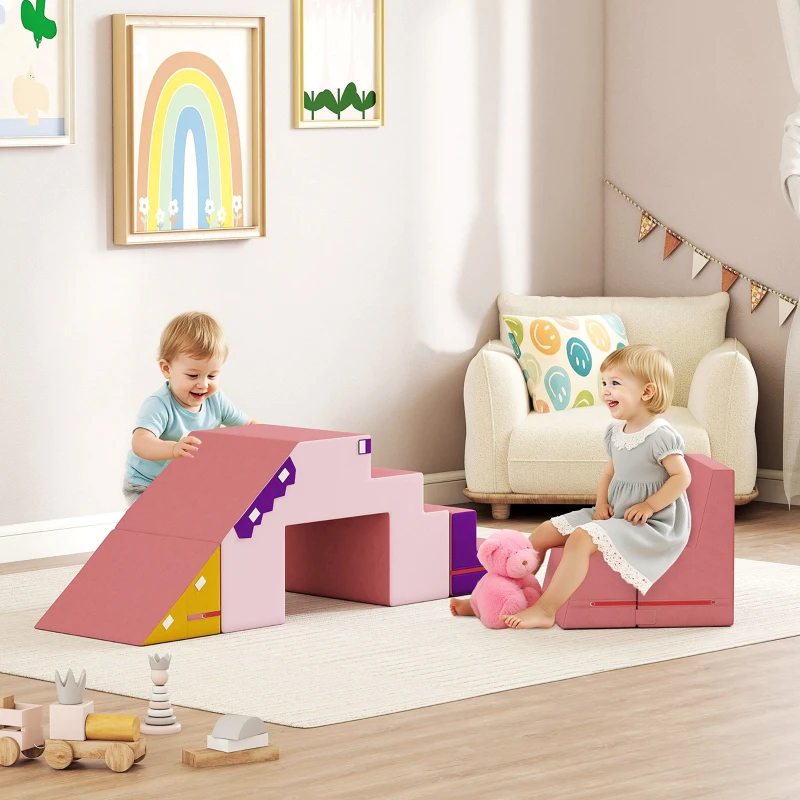 Qaba 2-Piece Climbing Foam Blocks for Toddlers with Detachable Cover, Indoor Climb and Crawl Activity PlaySet, Pink