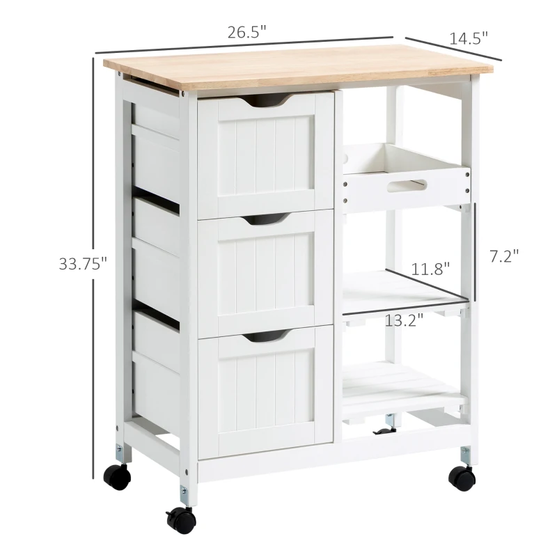 HOMCOM Rolling Kitchen Island Cart, Bar Serving Cart, Compact Trolley on Wheels with Wood Top, Shelves & Drawers for Home Dining Area, White