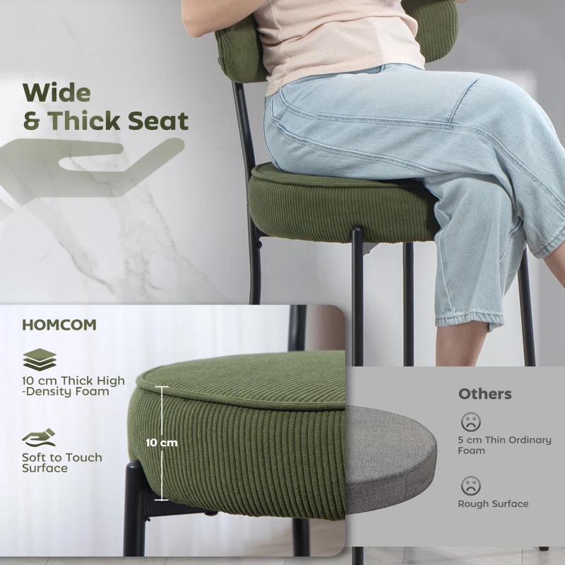 HOMCOM Set of 2 Barstools, Upholstered Corduroy Bar Stools with Backrest, Footrest for Kitchen Island, Dining Room, Green