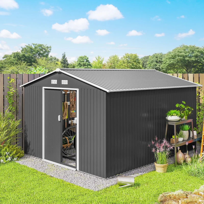 Outsunny 11' x 9' Metal Storage Shed Garden Tool House with Double Sliding Doors, 4 Air Vents for Backyard, Patio, Gray