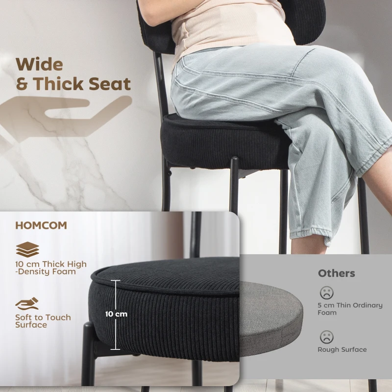 HOMCOM Set of 2 Barstools, Upholstered Corduroy Bar Stools with Backrest, Footrest for Kitchen Island, Dining Room, Black