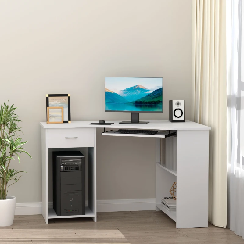 HOMCOM 47" L-Shaped Desk with Keyboard Tray, Computer Corner Desk for Small Space with Shelves, Drawer, CPU Stand, Home Office Writing Table, White