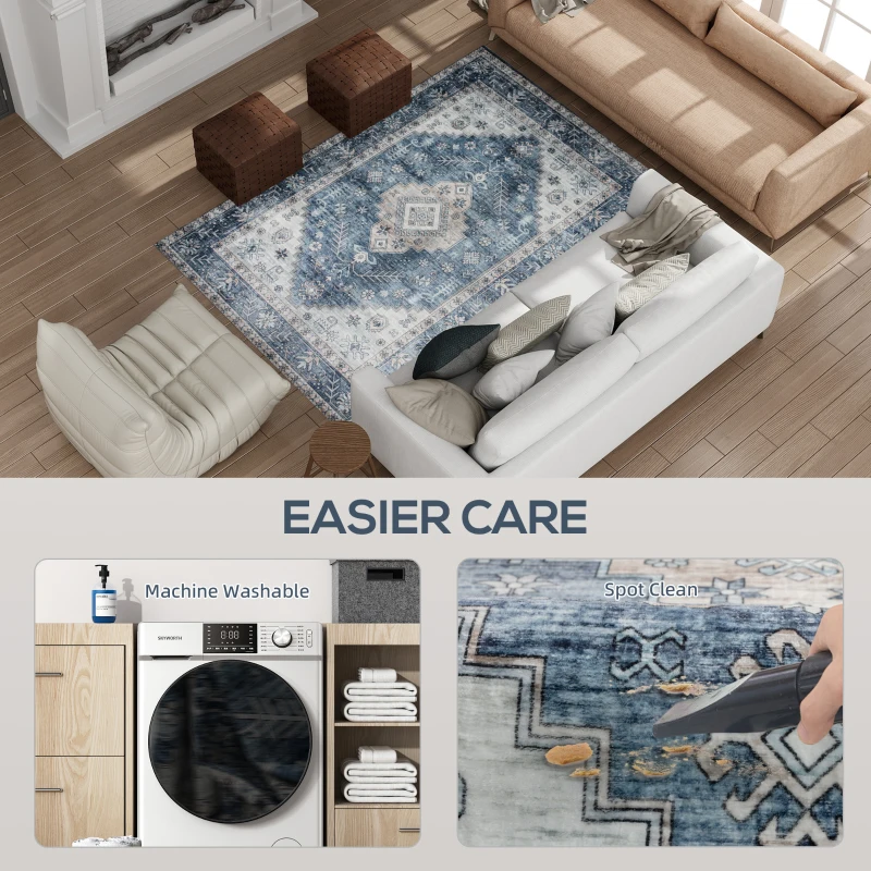 HOMCOM 4x6 Area Rug, Vintage Washable Rug, Non-Slip Floor Carpet for Living Room, Bedroom, Dining Room, Blue