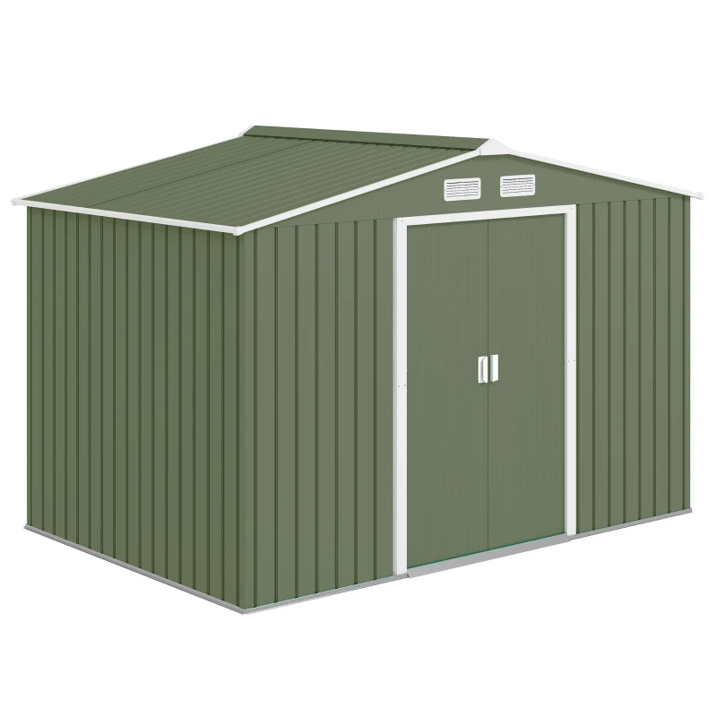 Outsunny 9' x 6' Outdoor Storage Shed, Garden Tool Metal Shed with Foundation Kit, Double Lockable Door, Air Vents and Sloping Roof, for Backyard, Patio, Lawn, Green
