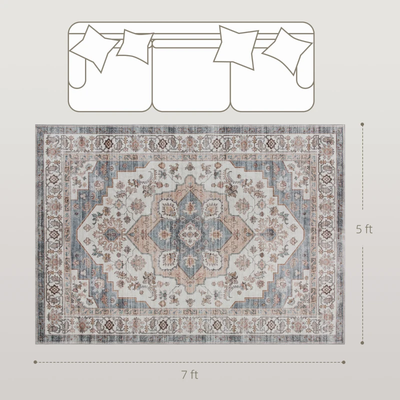 HOMCOM 5x7 Area Rug, Vintage Machine Washable Rug, Non-Slip Carpet for Living Room, Bedroom, Dining Room, Brown & Light Blue