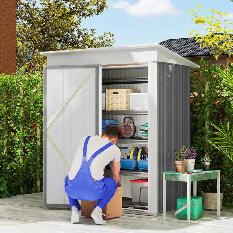 Outsunny Outdoor Sheds Storage, Small Steel Lean-to Shed with Adjustable Shelf, Lock, Gloves, 5' x 3' x 6', Gray