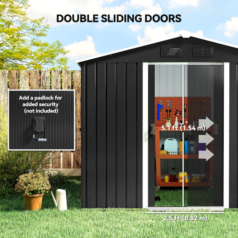 Outsunny 8' x 6' Outdoor Storage Shed, Metal Garden Tool Storage House with Lockable Sliding Doors and Vents for Backyard Patio Lawn, Charcoal Grey