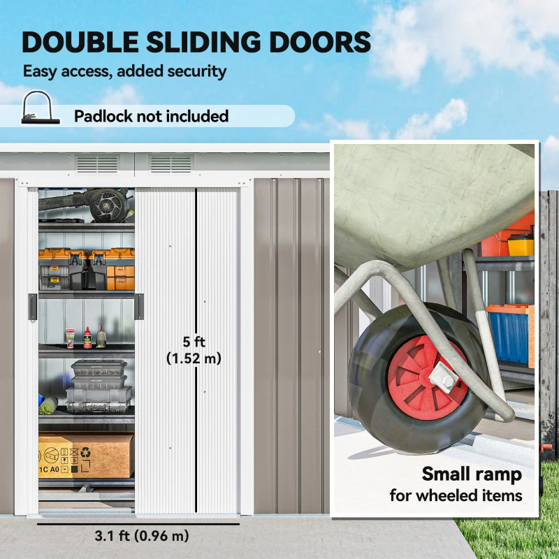Outsunny 9' x 4' Garden Metal Storage Shed Outdoor Equipment Tool Box with Foundation Kit, Ventilation & Doors, Light Grey