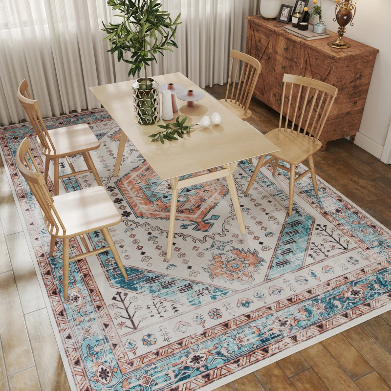 HOMCOM 8x10 Area Rug, Vintage Machine Washable Rug, Non-Slip Floor Carpet for Living Room, Bedroom, Dining Room, Brown and Blue