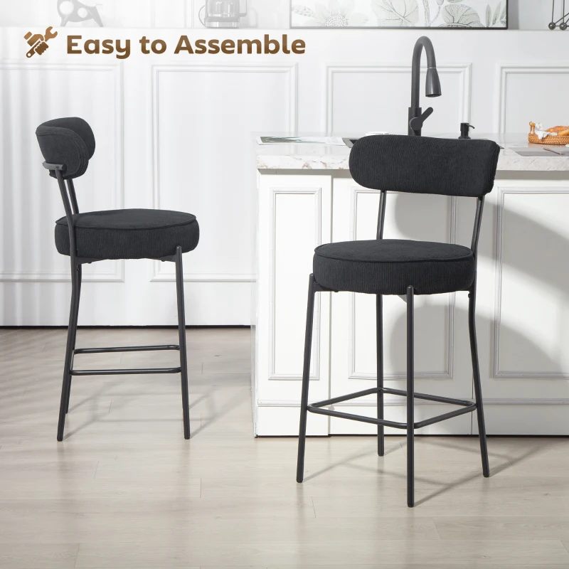 HOMCOM Set of 2 Barstools, Upholstered Corduroy Bar Stools with Backrest, Footrest for Kitchen Island, Dining Room, Black
