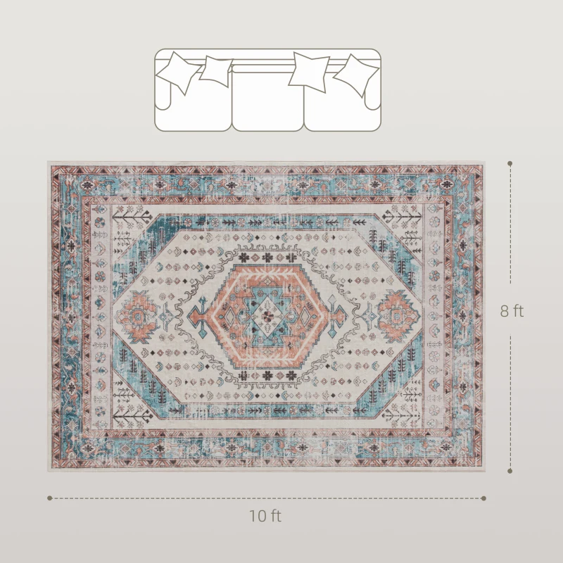 HOMCOM 8x10 Area Rug, Vintage Machine Washable Rug, Non-Slip Floor Carpet for Living Room, Bedroom, Dining Room, Brown and Blue