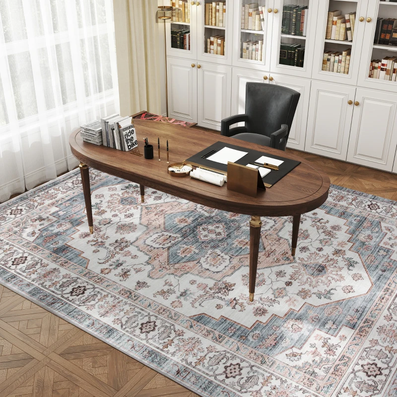 HOMCOM 8x10 Area Rug, Vintage Machine Washable Rug, Non-Slip Carpet for Living Room, Bedroom, Dining Room, Brown & Light Blue