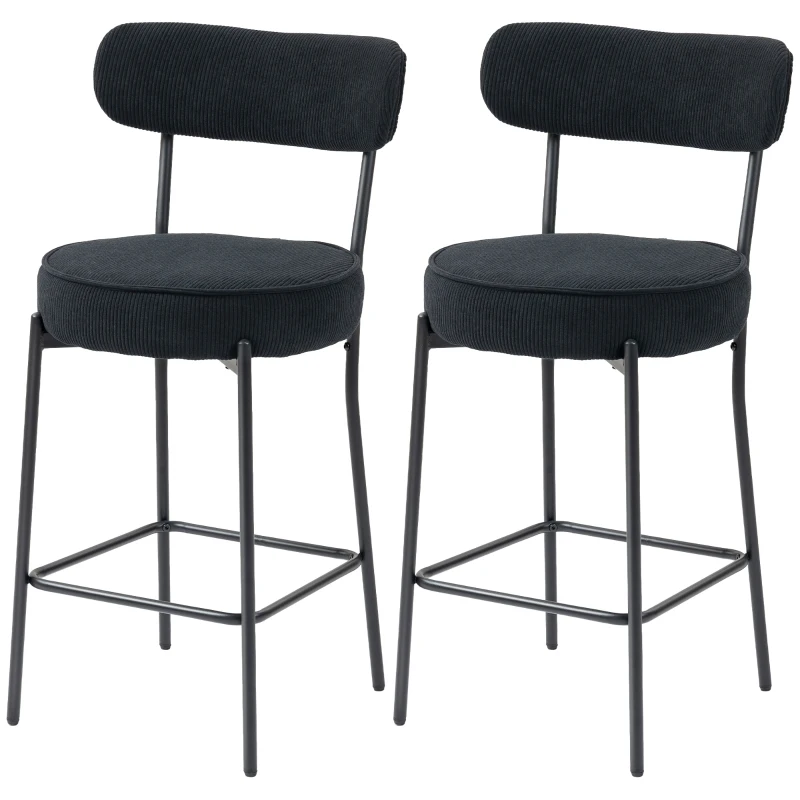 HOMCOM Set of 2 Barstools, Upholstered Corduroy Bar Stools with Backrest, Footrest for Kitchen Island, Dining Room, Black