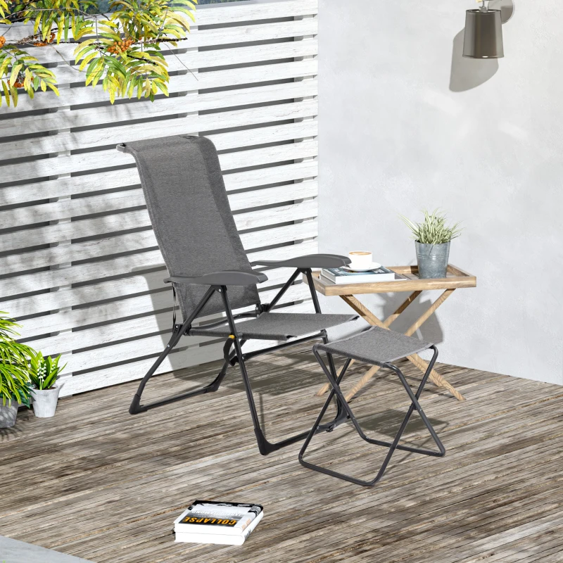 Outsunny Patio Lounge Chair Outdoor Lounger Recliner Folding Camping Chair with Footrest and Storage Pocket, Black Grey
