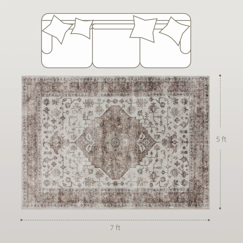 HOMCOM 5x7 Area Rug, Vintage Machine Washable Rug, Non-Slip Floor Carpet for Living Room, Bedroom, Dining Room, Tan