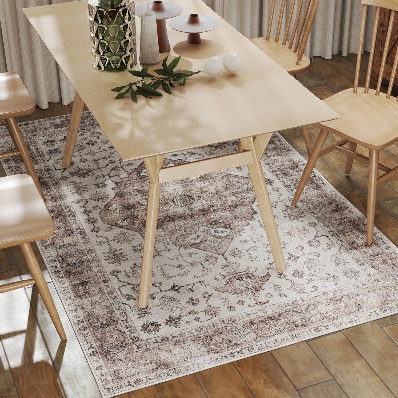 HOMCOM 4x6 Area Rug, Vintage Machine Washable Rug, Non-Slip Floor Carpet for Living Room, Bedroom, Dining Room, Tan