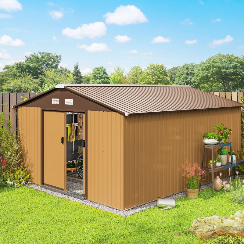 Outsunny 11' x 13'Garden Storage Shed w/ Foundation Kit Metal Tool Storage House w/ Double Doors Yellow
