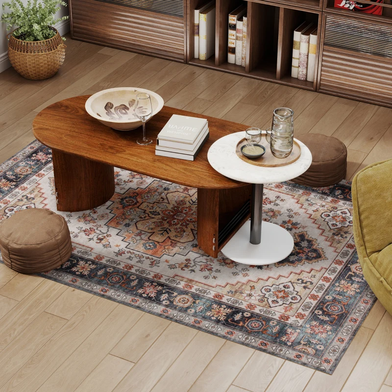 HOMCOM Area Rug 4x6, Machine Washable Rug, Non-Slip Boho Print Pattern Medallion Carpet for Living Room, Bedroom, Tawny Brown