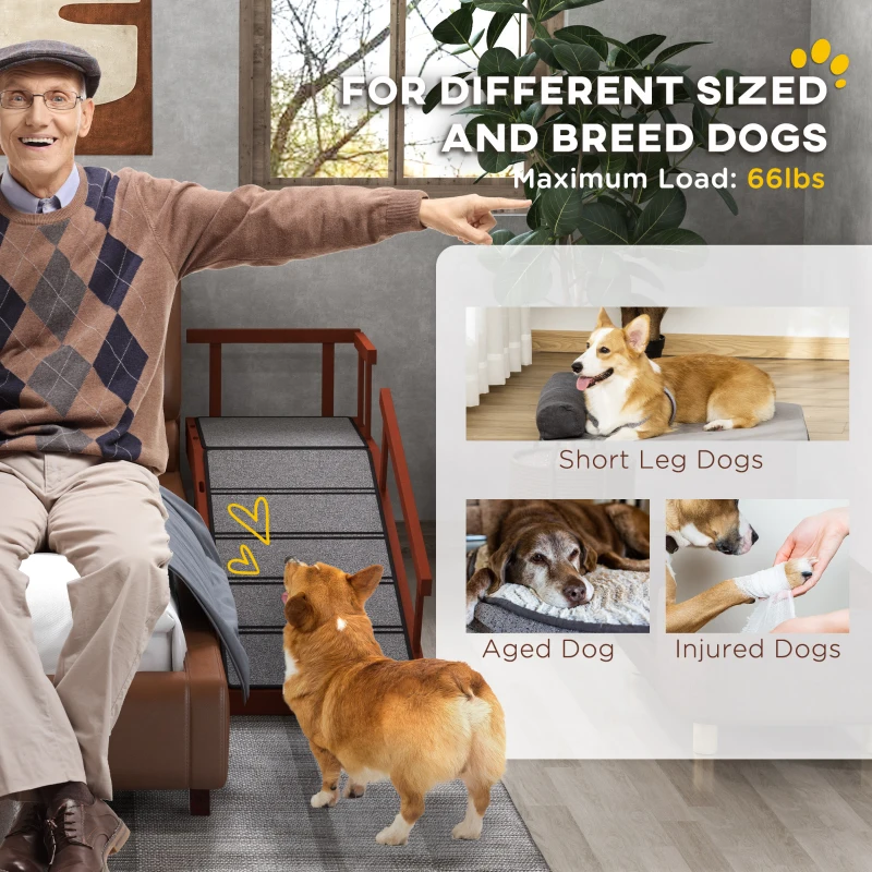 PawHut Wooden Dog Ramp for Large Dogs, 49" Long, with Non-slip Rug, Removable Guardrails for Couch, Bed, Brown