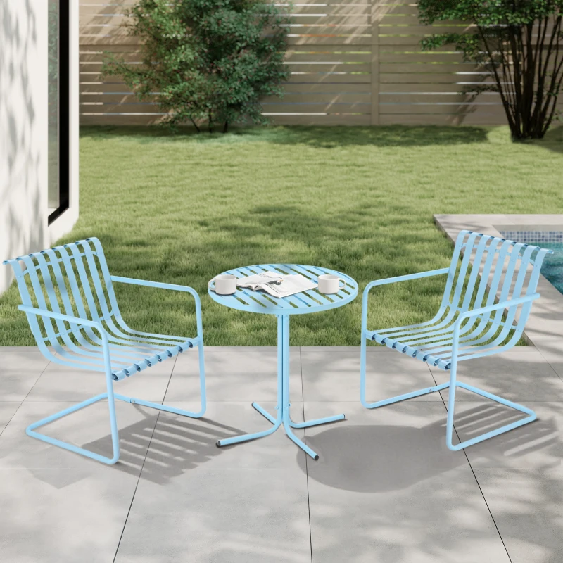 Outsunny 3 Pieces Patio Bistro Set, Metal Frame Garden Coffee Table Set with 2 Chairs & Round Table for Outdoor Yard Porch Poolside Balcony, Sky Blue