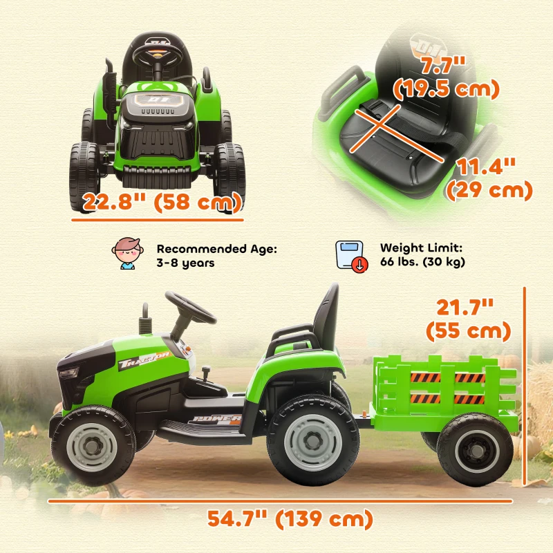 Qaba 12V Kids Ride On Tractor with Trailor, Remote Control, Music, Lights, Shifter, for Kids Ages 3-8 Years, Green