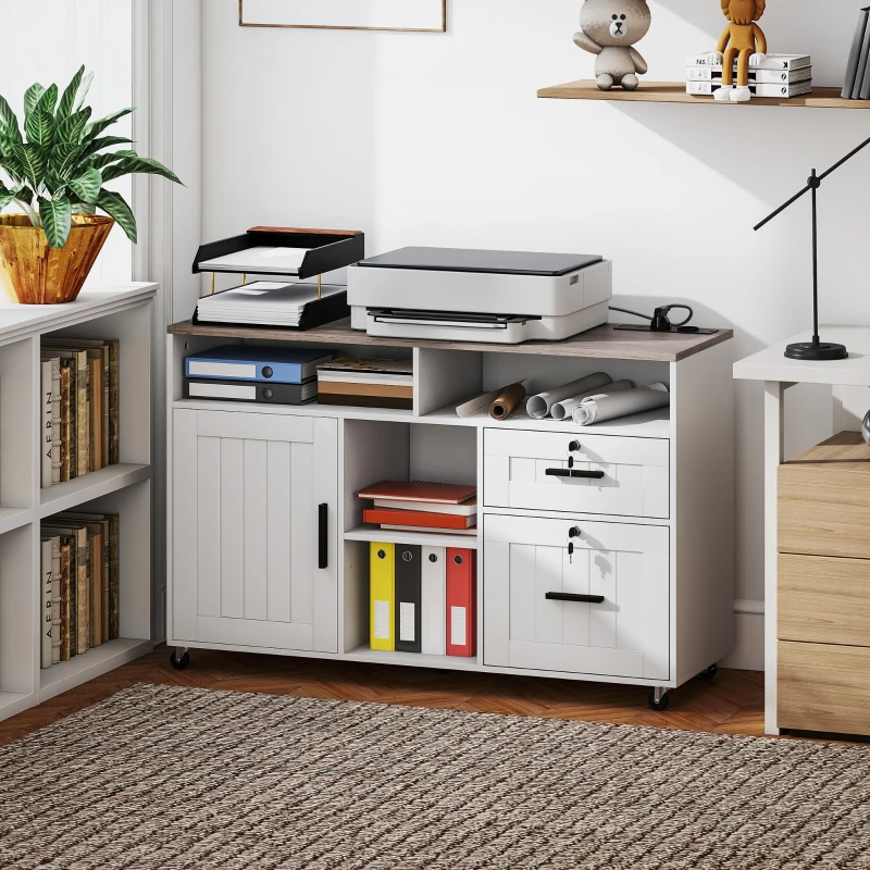 HOMCOM Mobile Printer Stand with Charging Station and USB Ports, Locking Filing Cabinet for A4 and Letter Size, White