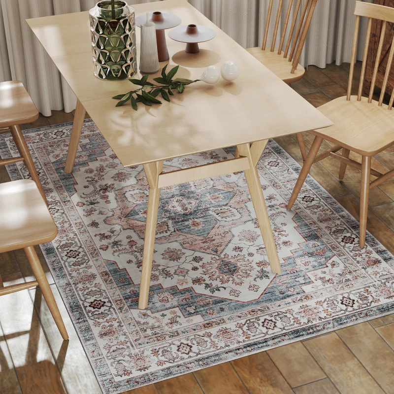 HOMCOM 4x6 Area Rug, Vintage Machine Washable Rug, Non-Slip Carpet for Living Room, Bedroom, Dining Room, Brown & Light Blue