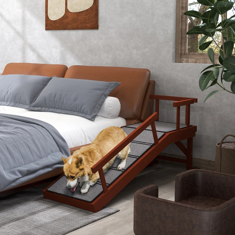 PawHut Wooden Dog Ramp for Large Dogs, 49" Long, with Non-slip Rug, Removable Guardrails for Couch, Bed, Brown
