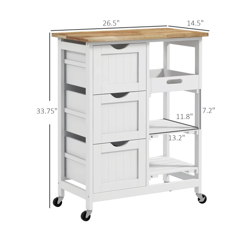HOMCOM Rolling Kitchen Cart, Kitchen Island with Wood Top, Shelves & Drawers for Dining Area, White