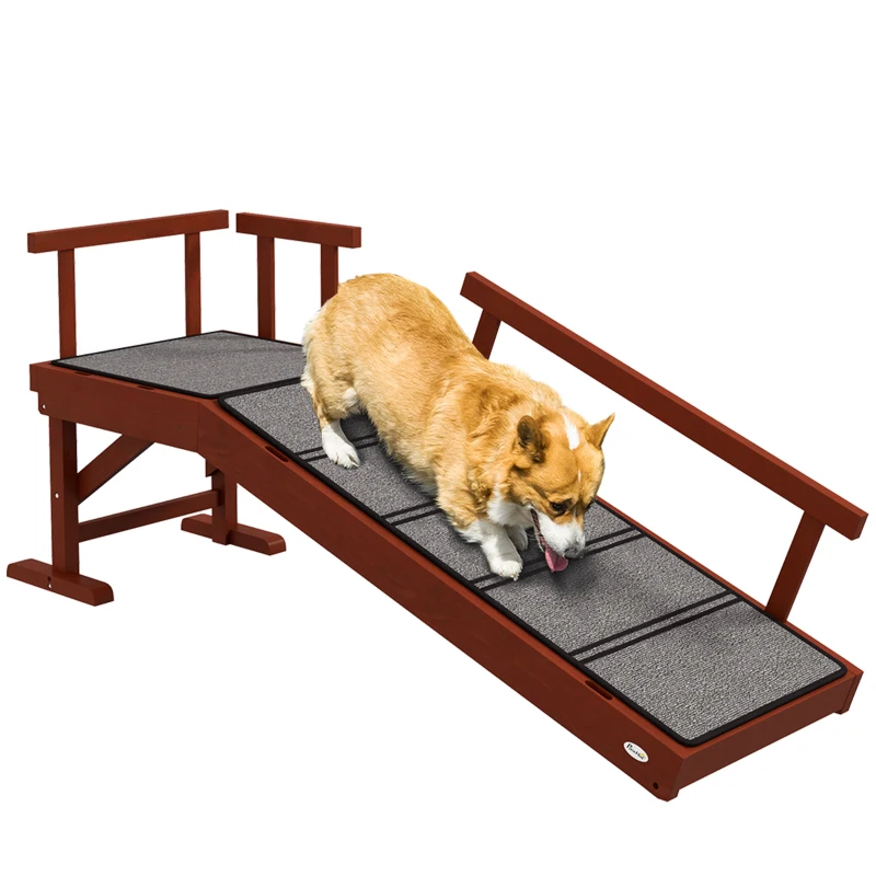 PawHut Wooden Dog Ramp for Large Dogs, 49" Long, with Non-slip Rug, Removable Guardrails for Couch, Bed, Brown