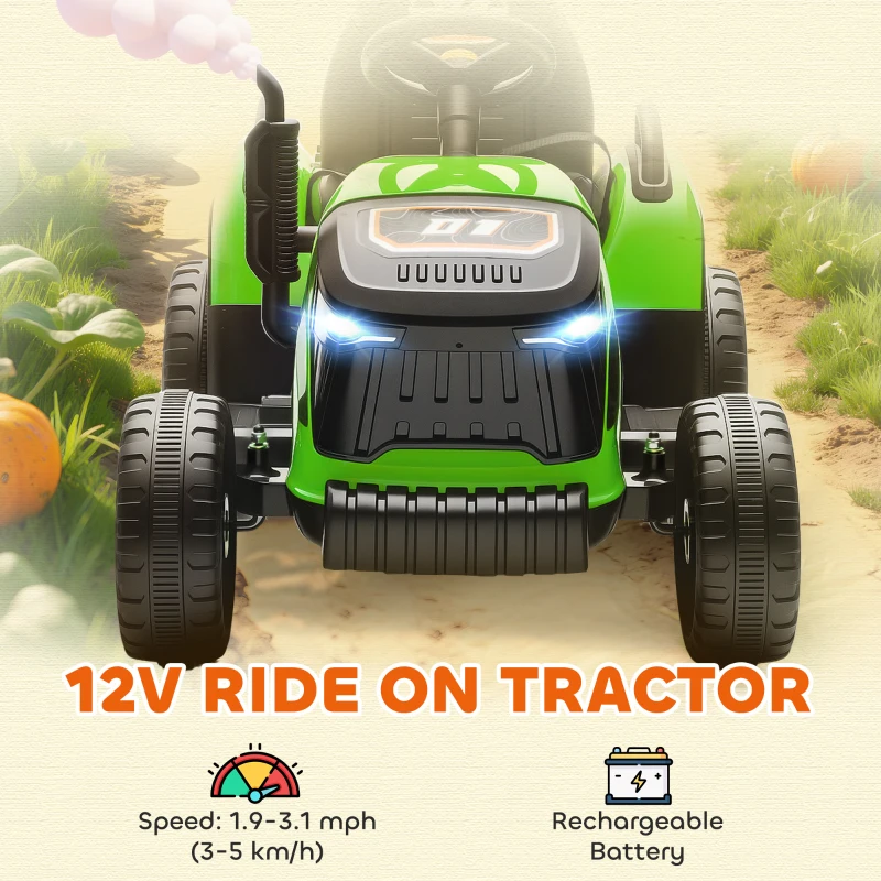Qaba 12V Kids Ride On Tractor with Trailor, Remote Control, Music, Lights, Shifter, for Kids Ages 3-8 Years, Green