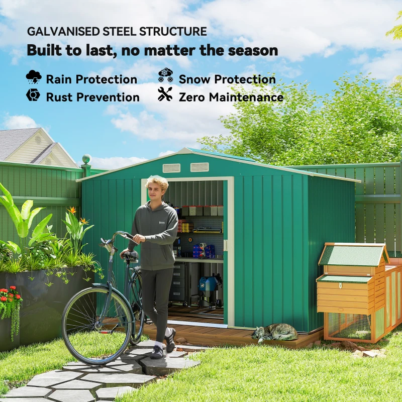 Outsunny 9.1' x 6.4' x 6.3' Garden Storage Shed w/ Foundation Kit Metal Tool Storage House w/ Double Doors Green