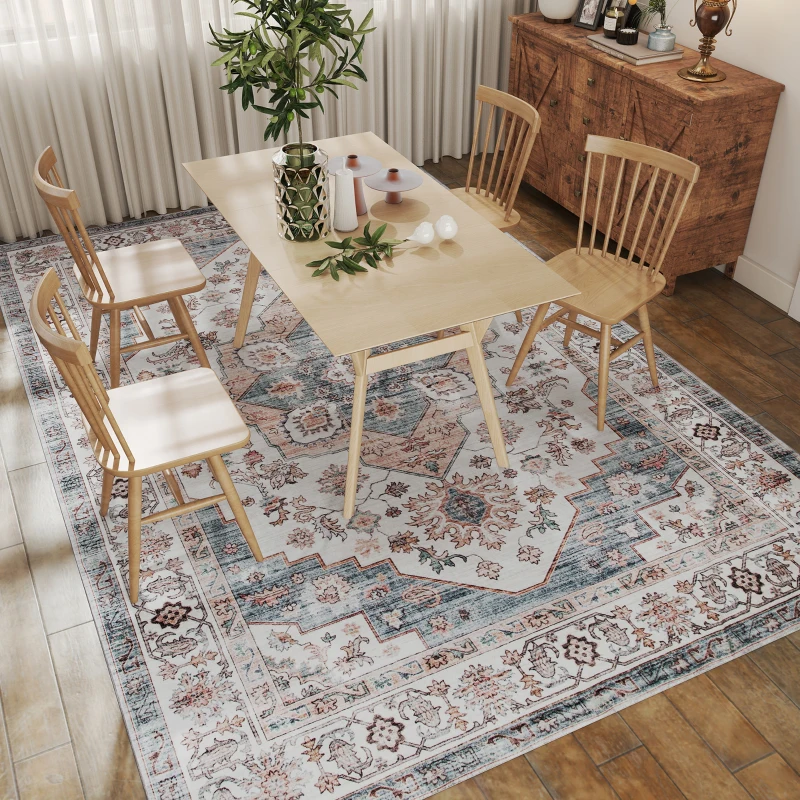 HOMCOM 8x10 Area Rug, Vintage Machine Washable Rug, Non-Slip Carpet for Living Room, Bedroom, Dining Room, Brown & Light Blue