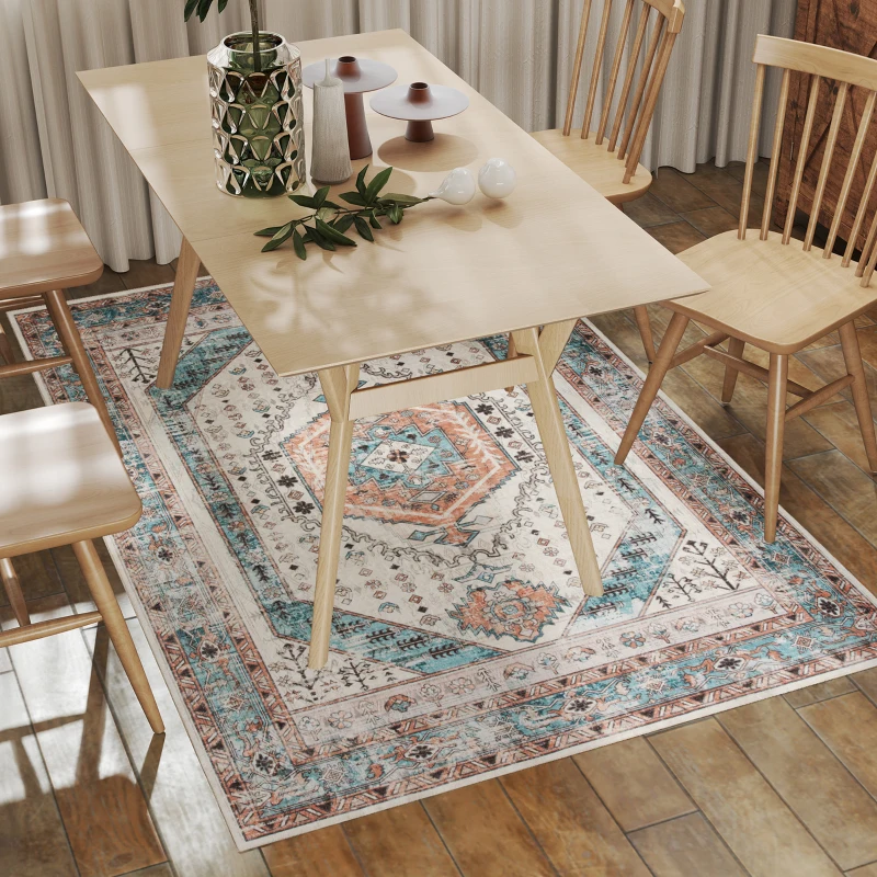 HOMCOM 4x6 Area Rug, Vintage Machine Washable Rug, Non-Slip Floor Carpet for Living Room, Bedroom, Dining Room, Brown and Blue