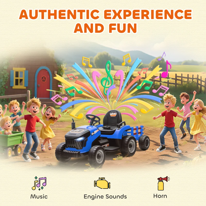 Qaba 12V Kids Ride On Tractor with Trailor, Remote Control, Music, Lights, Shifter, for Kids Ages 3-8 Years, Blue