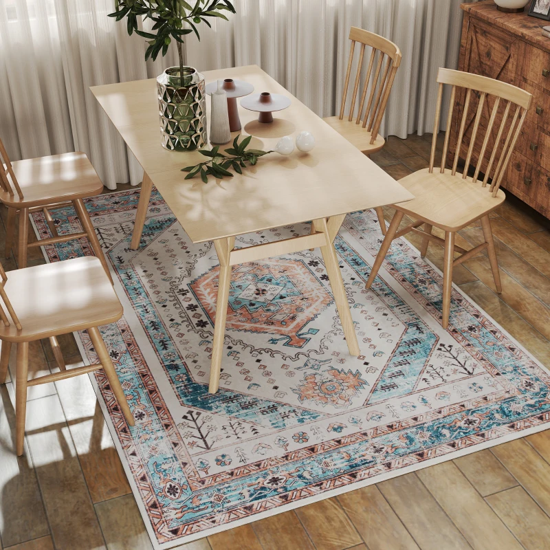 HOMCOM 5x7 Area Rug, Vintage Machine Washable Rug, Non-Slip Floor Carpet for Living Room, Bedroom, Dining Room, Brown and Blue