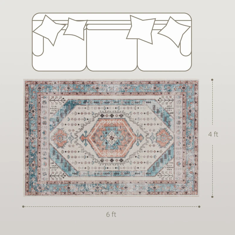 HOMCOM 4x6 Area Rug, Vintage Machine Washable Rug, Non-Slip Floor Carpet for Living Room, Bedroom, Dining Room, Brown and Blue