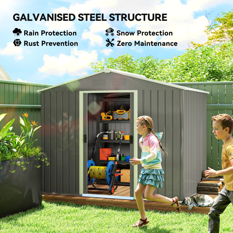 Outsunny 8' x 6' Outdoor Storage Shed, Metal Garden Tool Storage House with Lockable Sliding Doors and Vents for Backyard Patio Lawn, Light Grey
