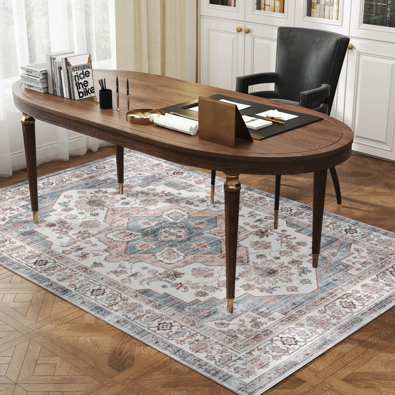 HOMCOM 4x6 Area Rug, Vintage Machine Washable Rug, Non-Slip Carpet for Living Room, Bedroom, Dining Room, Brown & Light Blue