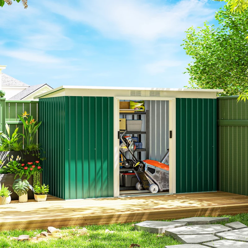 Outsunny 9' x 4' Metal Outdoor Storage Shed, Tool House with Double Lockable Doors for Backyard, Patio, Lawn, Garage, Dark Green